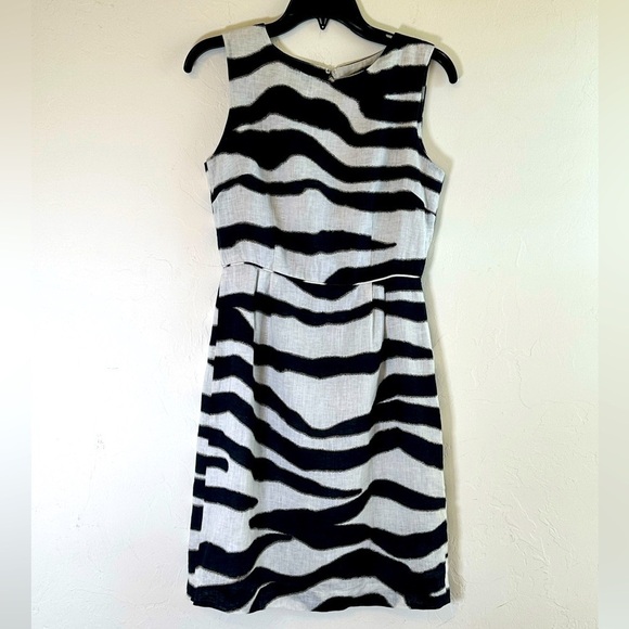 Banana Republic Zebra Print 100% Linen Career Back Zip Dress with Pleats Sz 4 - Picture 1 of 12